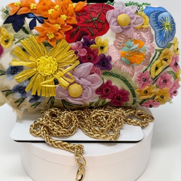 Alice + Olivia Floral Embroidered Clutch with Gold Chain - Picture 9 of 13